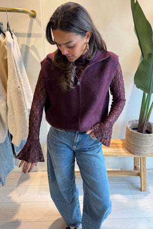 Mesh top – kanten dames top met lange mouwen in bordeaux