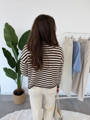 Nolita vestje – gestreept damesvest, achteraanzicht van pasvorm en patroon in bruin en crème