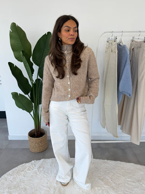 Seraya vestje – fijngebreid damesvest, vooraanzicht in beige/bruin tint