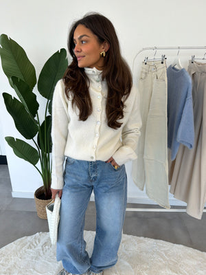 Seraya vestje – fijngebreid damesvest met knoopsluiting, vooraanzicht in wit