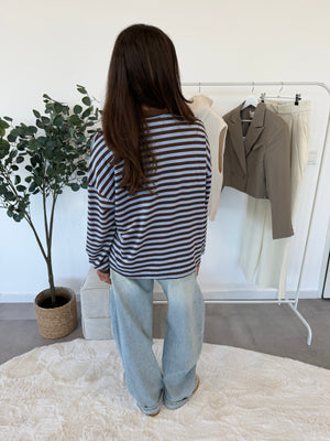 Sorella longsleeve – bruin met blauwe strepen en leuk kraagje, achterzijde