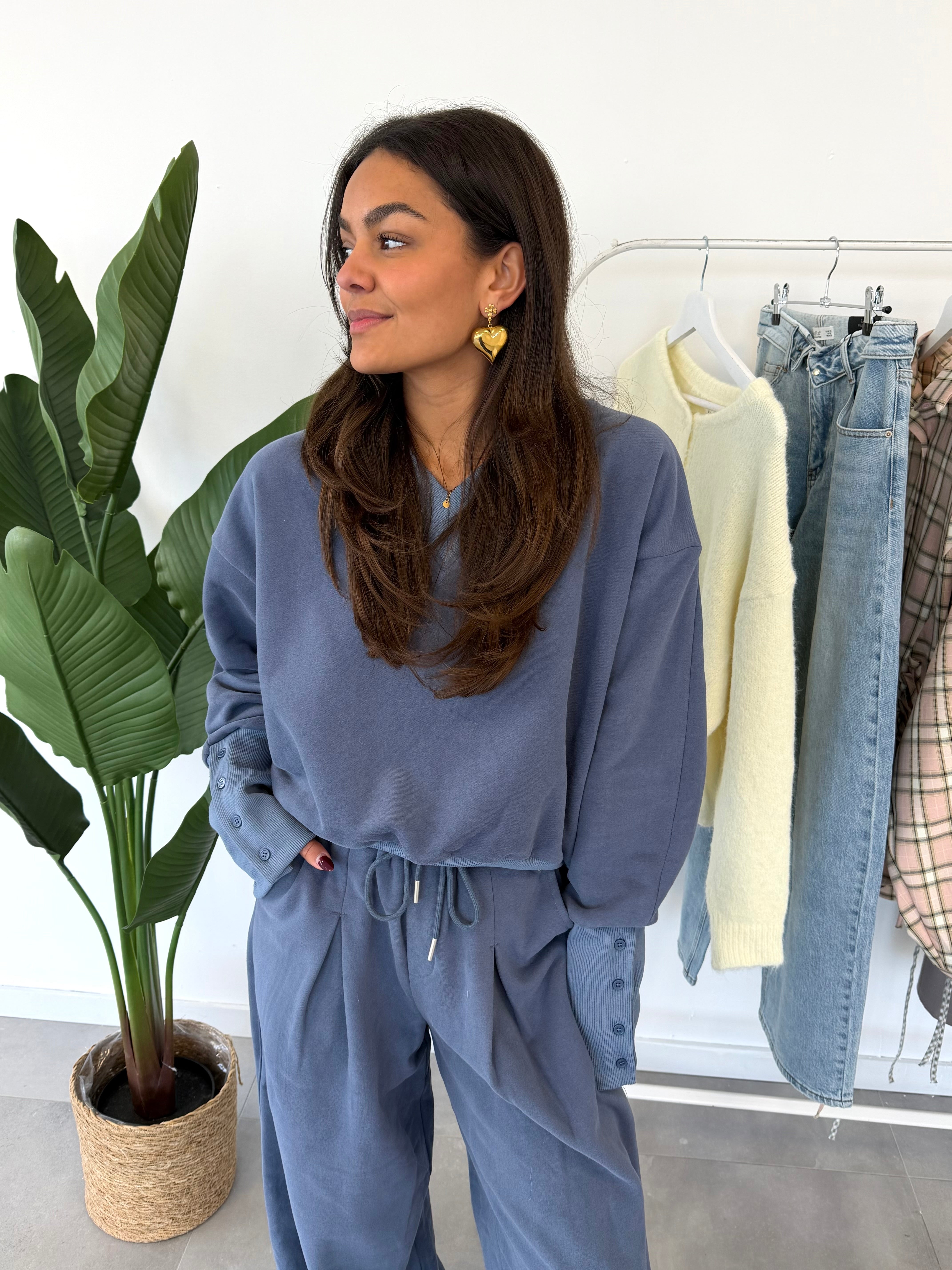 Corrie trui – blauwe trui met V-hals en comfortabele pasvorm, vooraanzicht