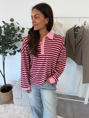 Sorella longsleeve – roze met rode strepen en leuk kraagje, vooraanzicht